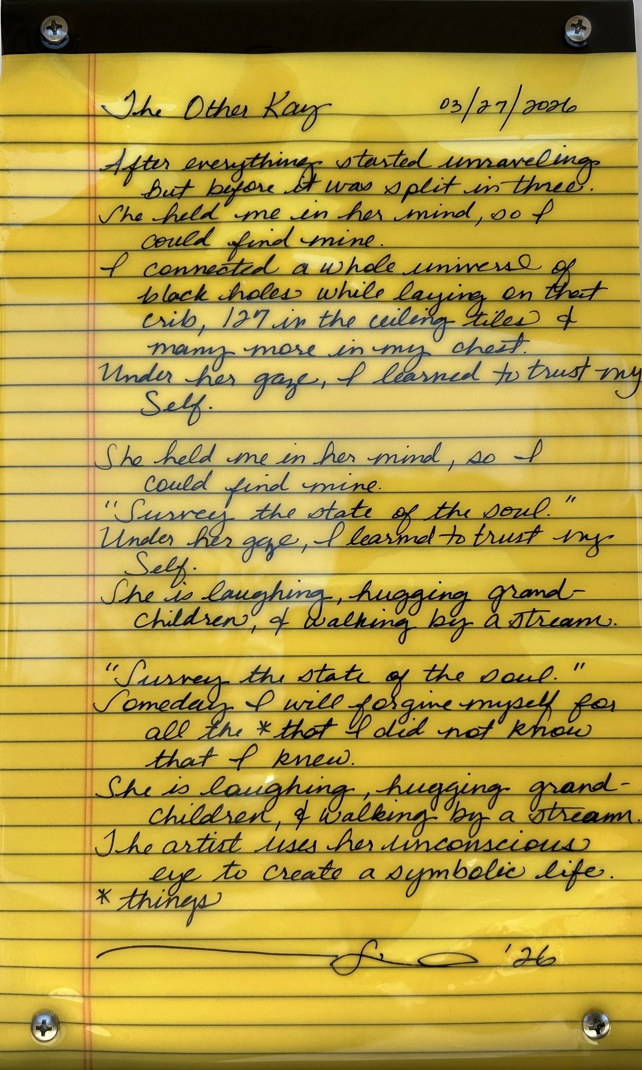 “The Other Kay” Poem. Pen on paper with resin and screws. 14”h x 8.5”w. 2026. $222