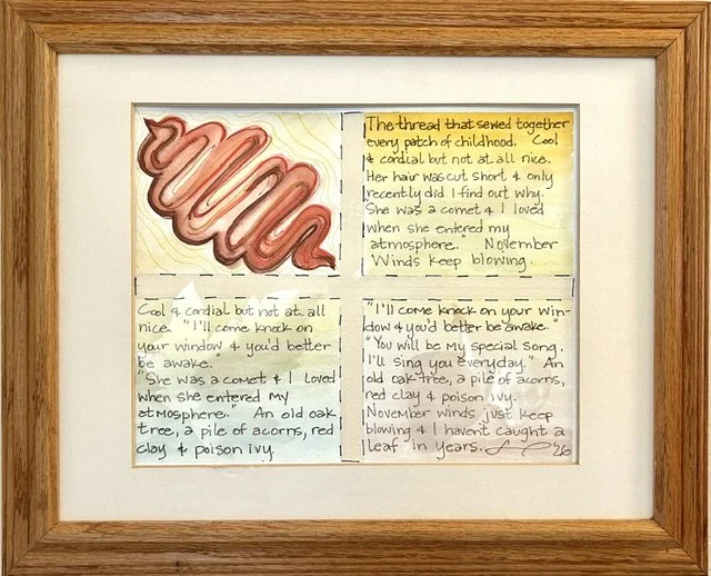 “November Wind” Poem. Watercolor, acrylic, and pen on paper. 13.5”h x 16”w with frame. 2025. $222.
