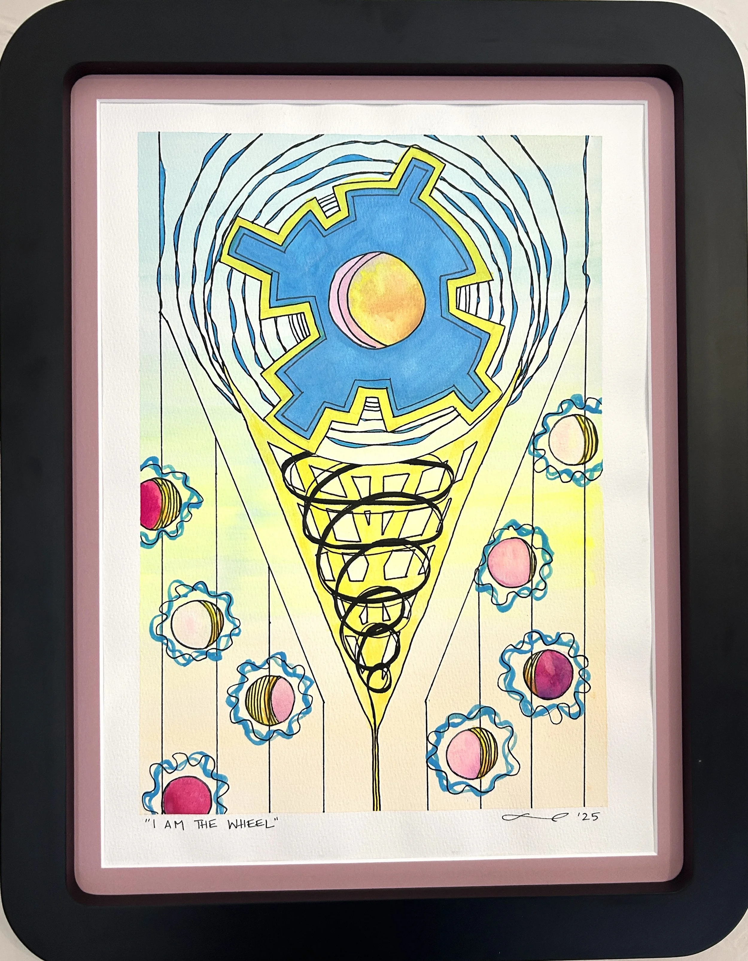 ”I Am the Wheel” Poem. Multimedia: Poetry, watercolor, pen, and mylar on paper. 18”h x 14”w (with frame). 2026. $300.