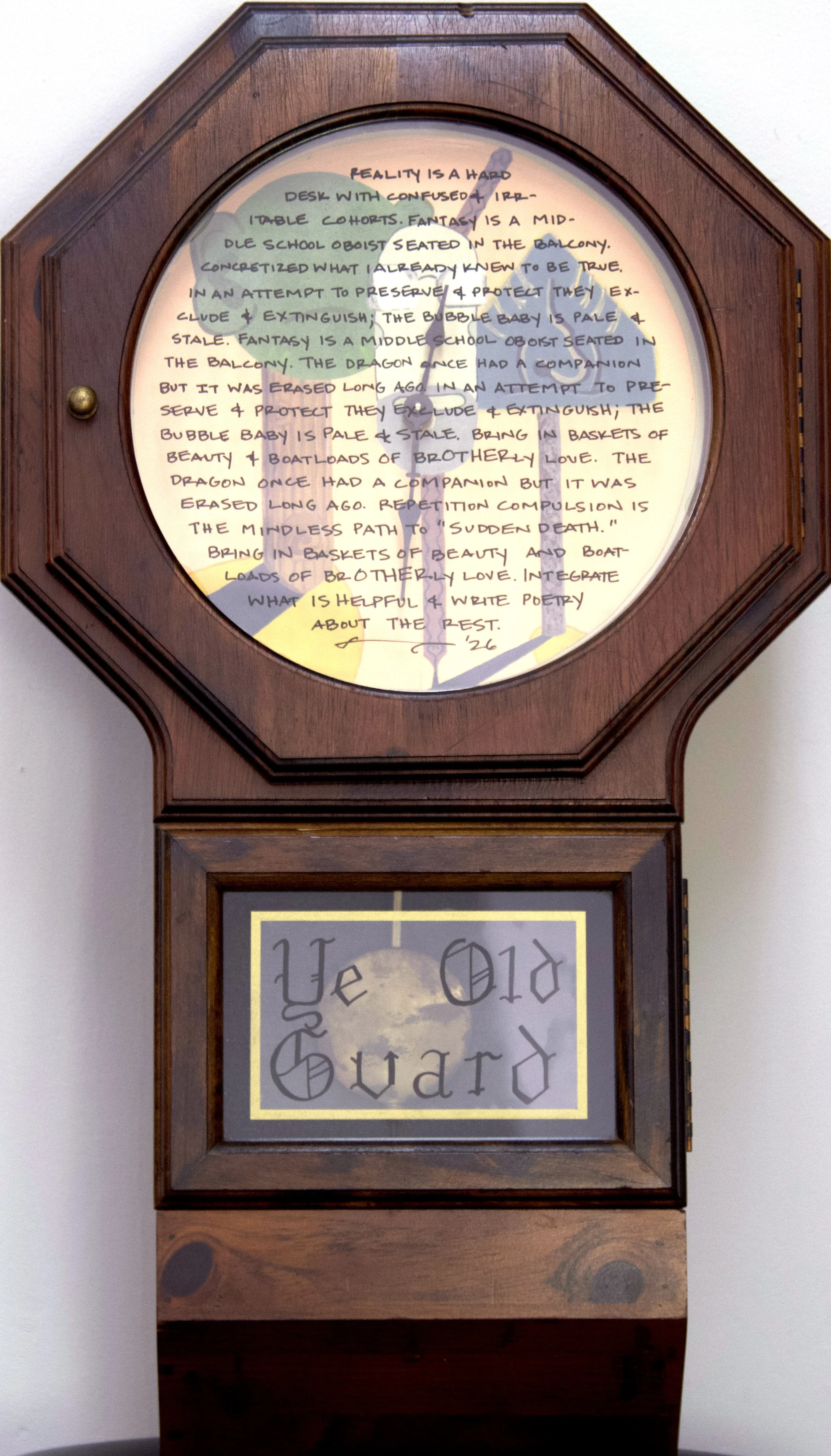 ”Ye Old Guard” Multimedia: Found object, poetry, acrylic on paper, and pen on mylar. 25”h x 14”w x 5”d. 2026. $600.