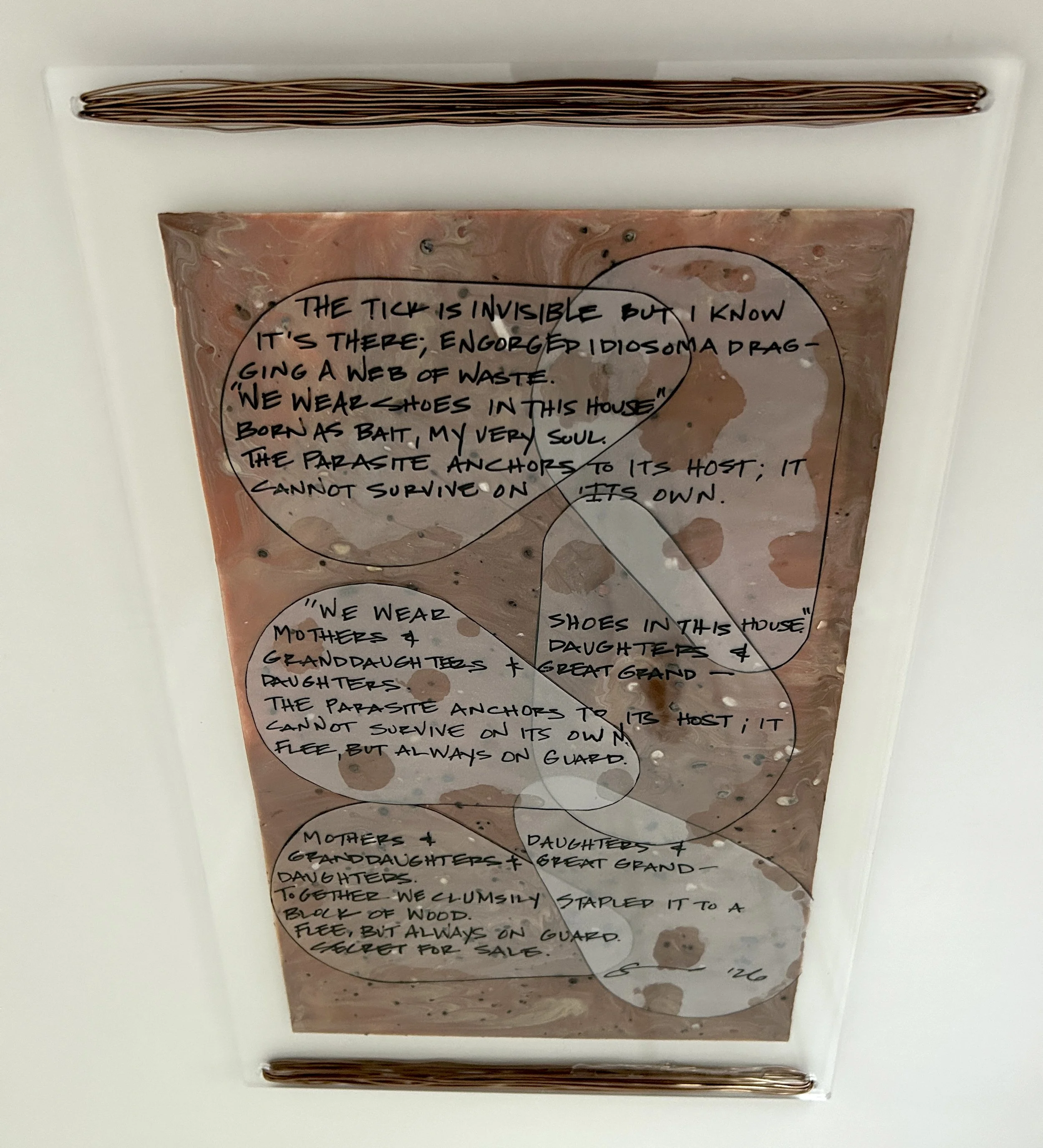 The Tick” Poem. “Acrylic, mylar, and pen on paper with plexiglass and aluminum frame. 15”h x 9.5”w. 2026. $222.