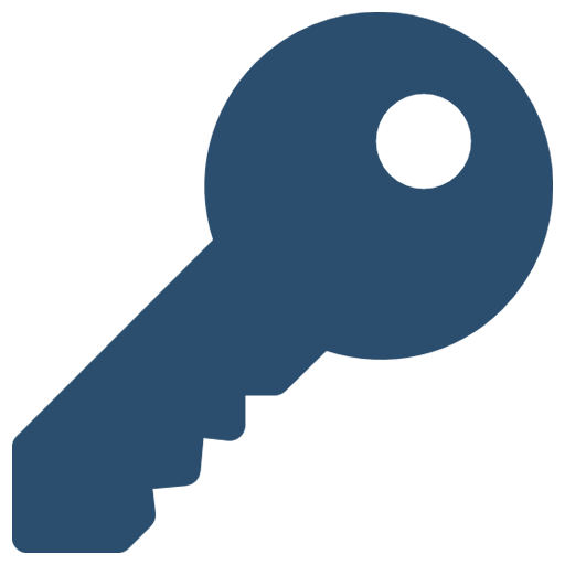 A simple, solid illustration of a key in dark blue.