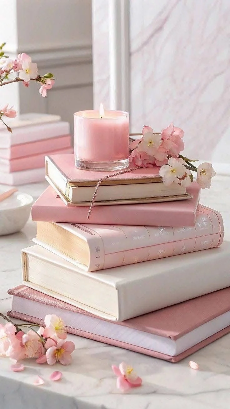 Stacked pink and white books with pink flowers and a pink candle on top, placed on a marble surface