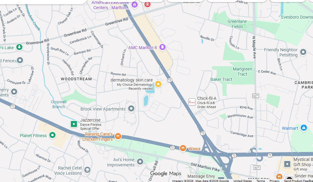 Map showing roads, landmarks, and businesses including Chick-fil-A, Raising Cane's Chicken Fingers, Wawa, Planet Fitness, Walmart, and AMC Marlton 8 in a suburban area.