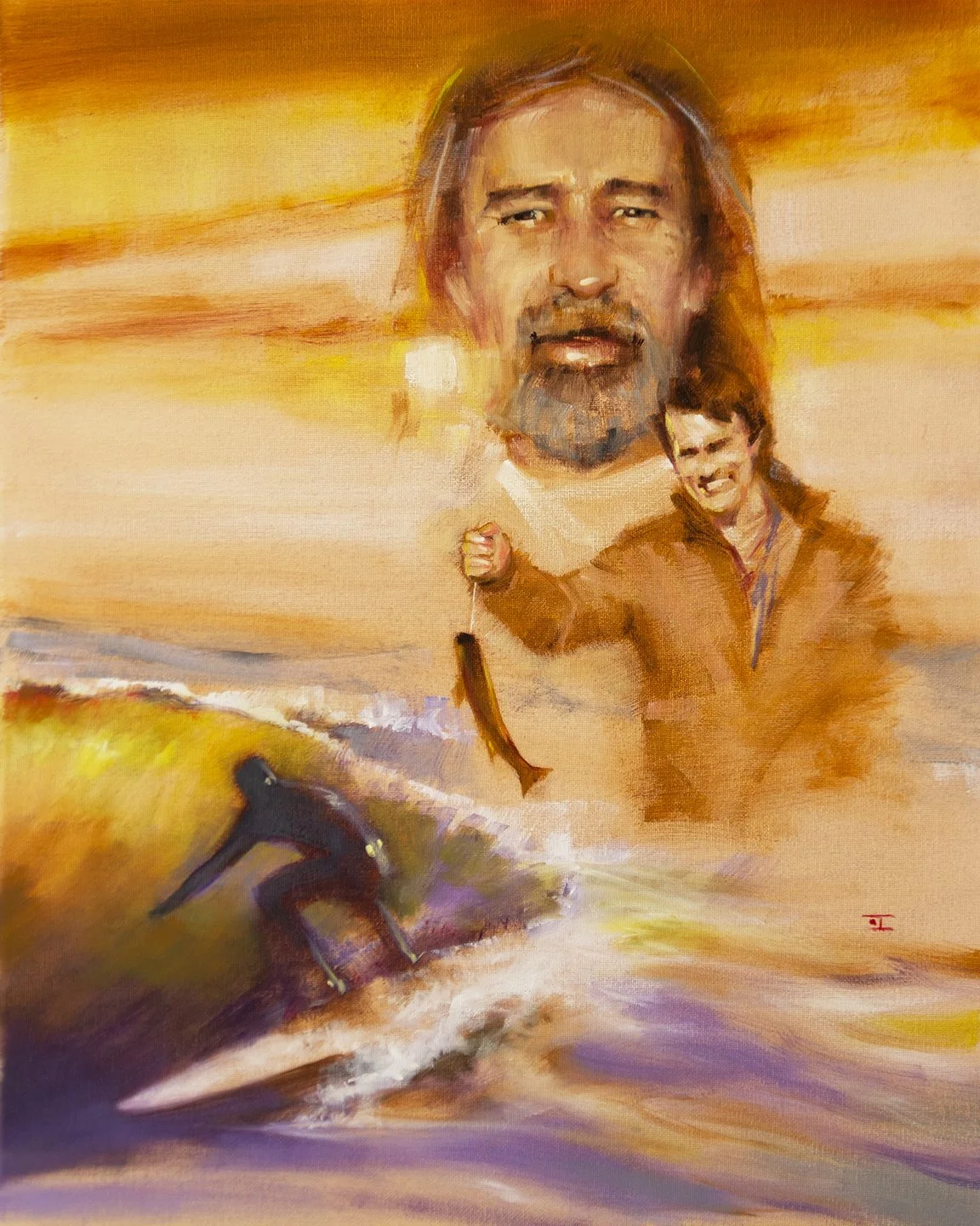 A digital painting of a fisherman holding a fish on a beach during sunset, with a large portrait of a man with long hair and beard in the sky.