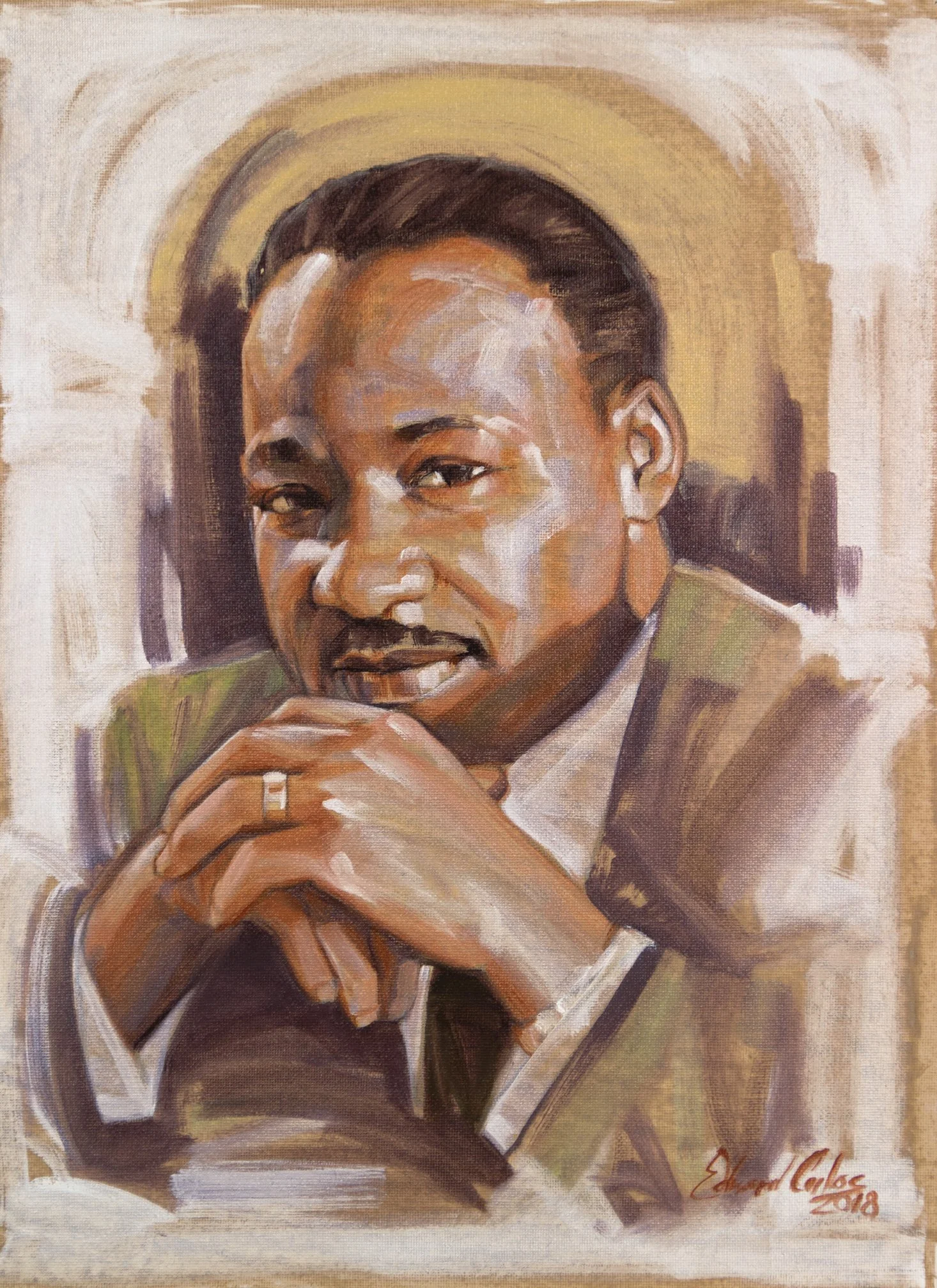 A painting of a smiling African American man with braided hair, wearing a suit and rings, sitting with hands clasped near his face.