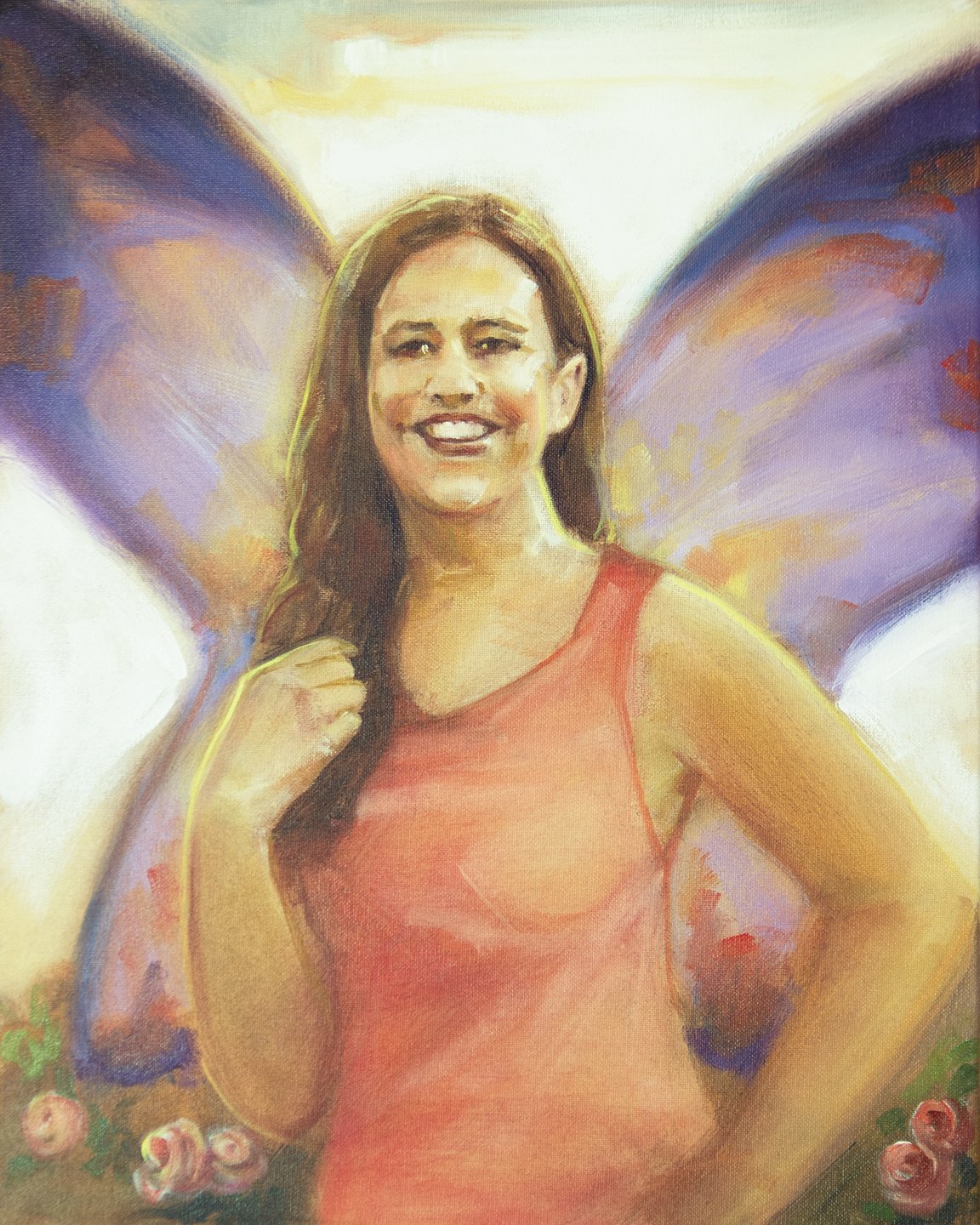 A woman with long brown hair, smiling, in a coral tank top, with fairy wings behind her, surrounded by flowers.