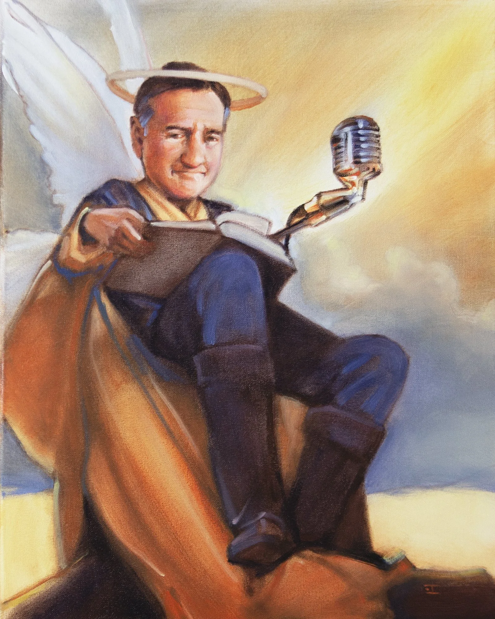 A painting of a man with a halo and angel wings, sitting on a cloud, holding a tablet in one hand and a vintage microphone in the other, with a bright, glowing sky background.