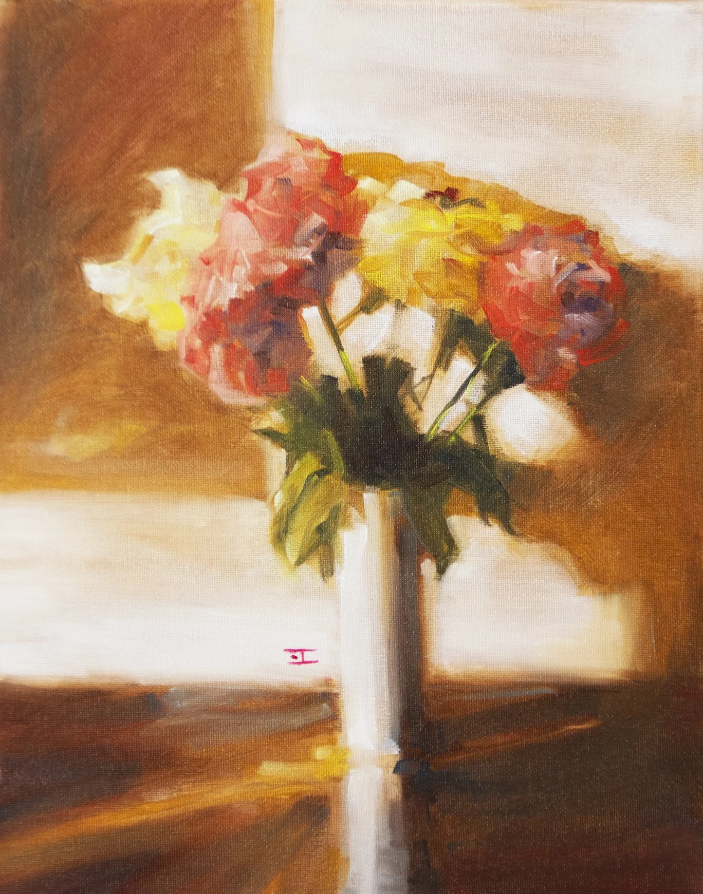 A still life painting of a vase with pink, white, and yellow flowers on a table with a softly lit background.