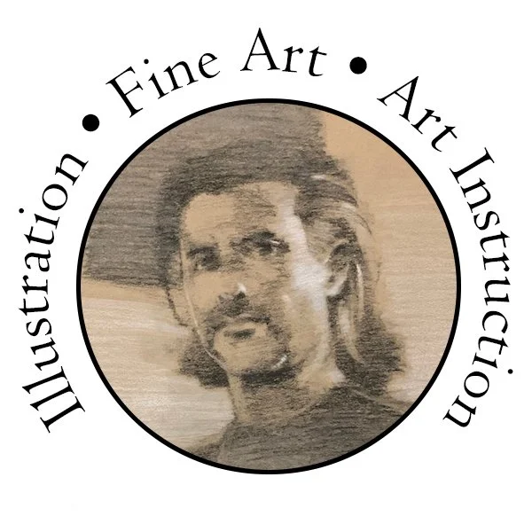 A logo featuring a circular design with a portrait of a man in the center. Surrounding the circle are the words 'Illustration,' 'Fine Art,' and 'Art Illustration' separated by dots.
