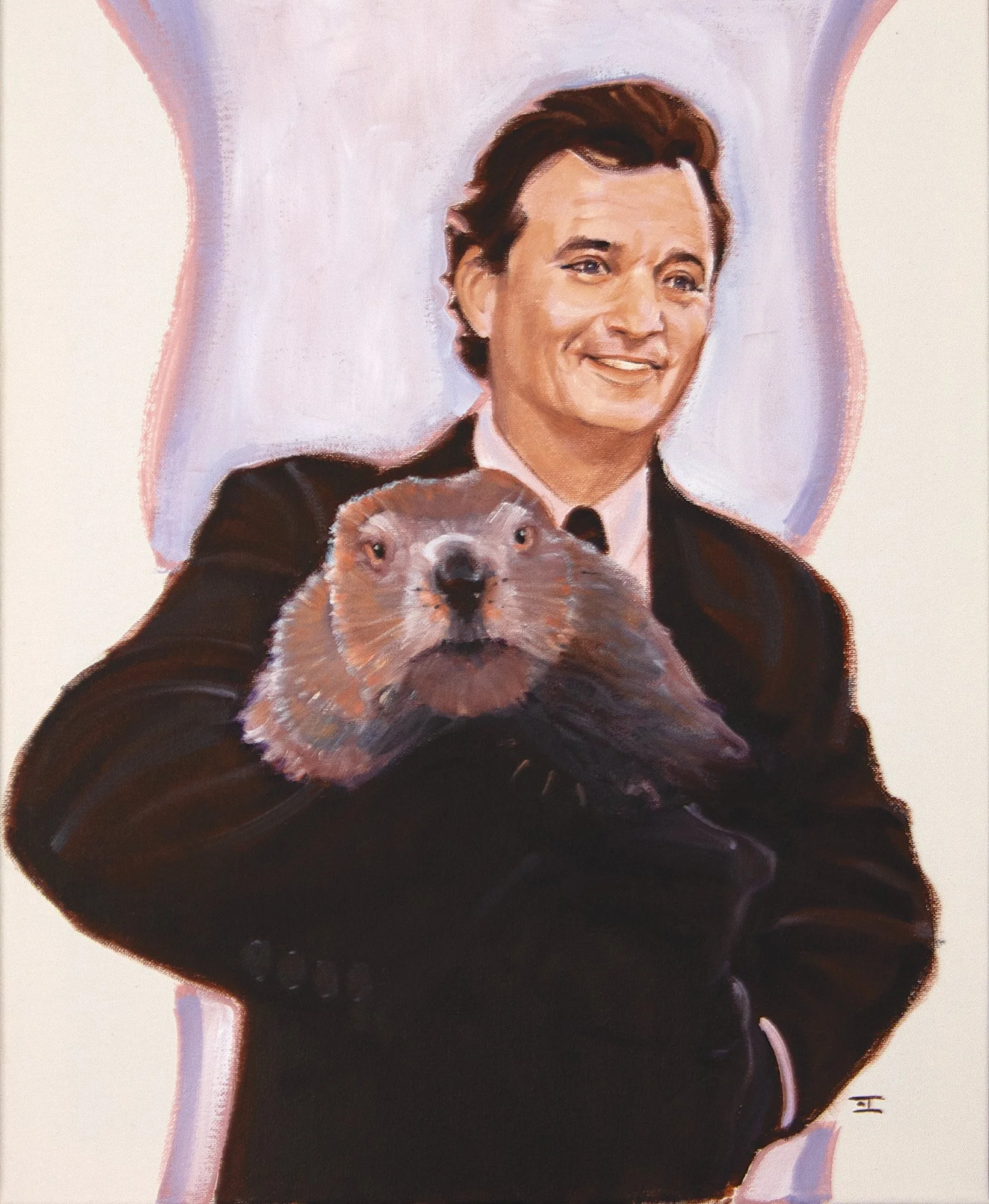 Painting of a smiling man in a black suit holding a beaver over a pink background.
