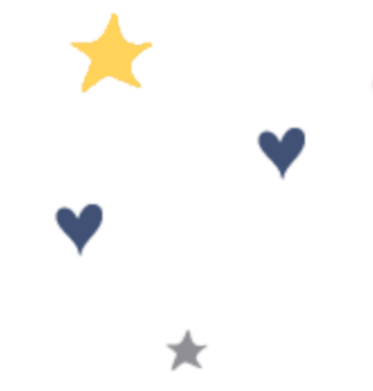 Several decorative balloons, including a yellow star-shaped balloon and smaller blue and gray heart-shaped balloons with a black background.