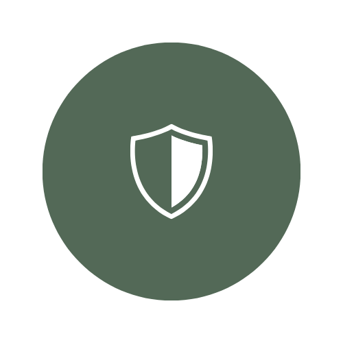 Shield icon with a vertical split down the middle on a dark green circular background.