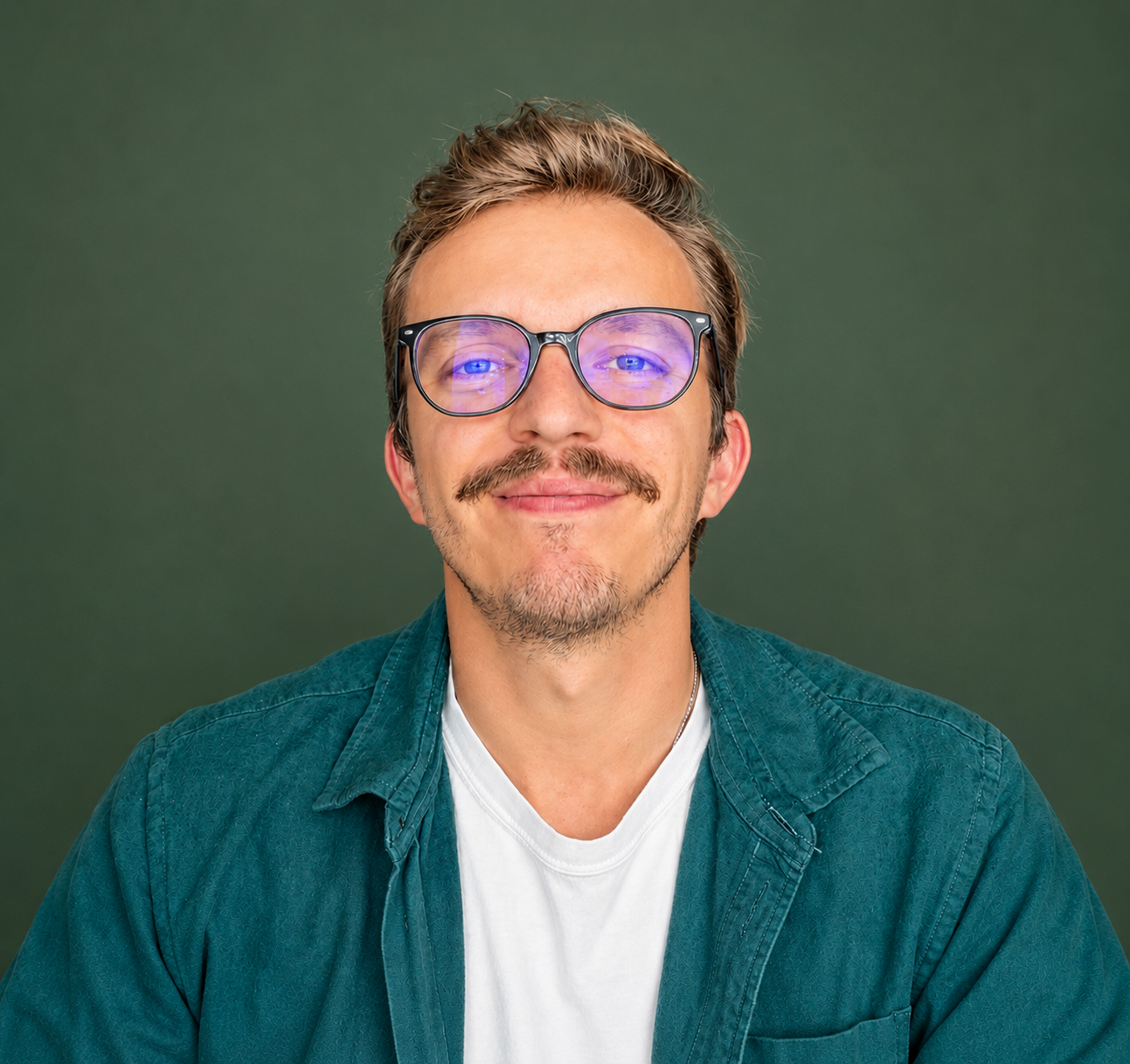 A man with glasses, a mustache, and a goatee smiling, wearing a teal shirt over a white T-shirt, posed against a plain green background.