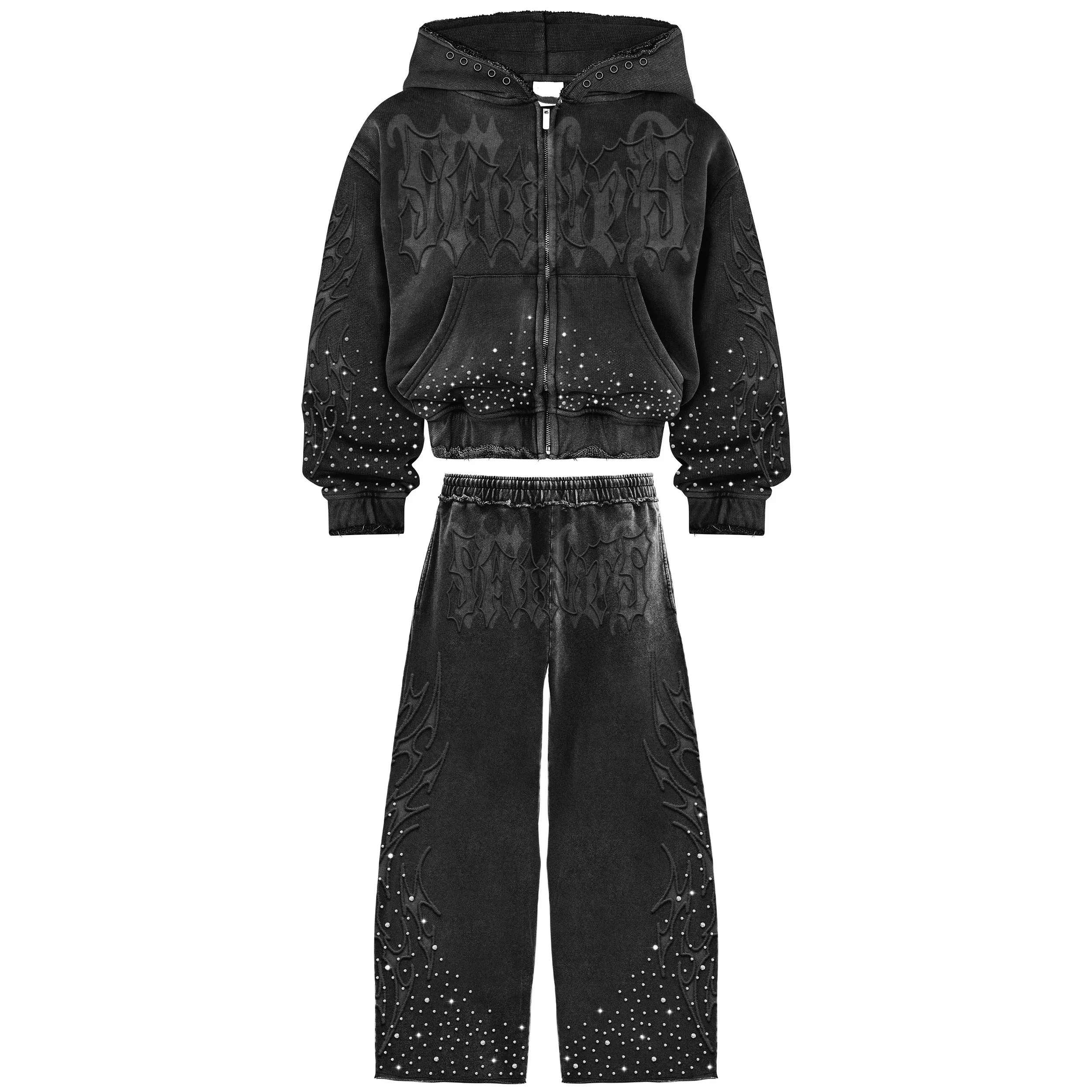 Black hoodie and sweatpants set with flame designs, embellished with small rhinestones