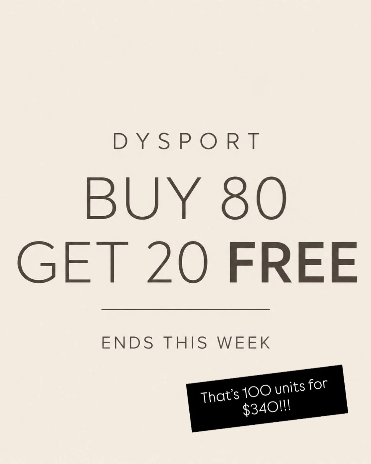 🚨 Last chance! 🚨

Our Buy 80, Get 20 FREE Dysport special is ending this week!

Whether you&rsquo;re due for a refresh or have been thinking about trying Dysport, now is the time to save.

📅 Book before the promotion ends!
📩 Message us to schedul