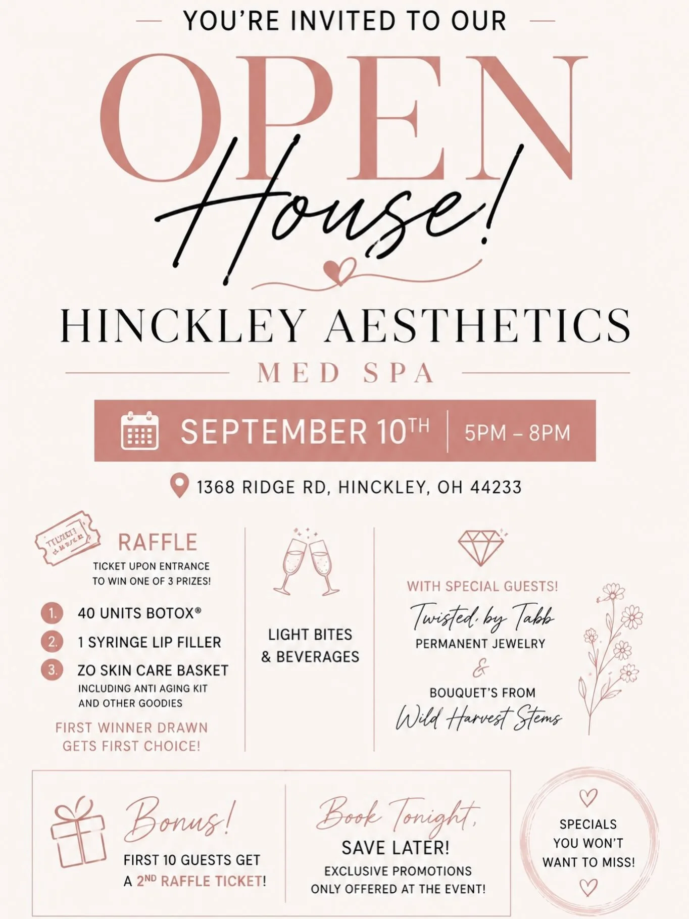 You&rsquo;re invited! 🤍✨
Come celebrate the official Hinckley Aesthetics Open House with us!

📅 September 10th | 5&ndash;8 PM
📍 1368 Ridge Rd, Hinckley, OH

We&rsquo;ll have raffles, light bites &amp; beverages, exclusive event-only specials, and 
