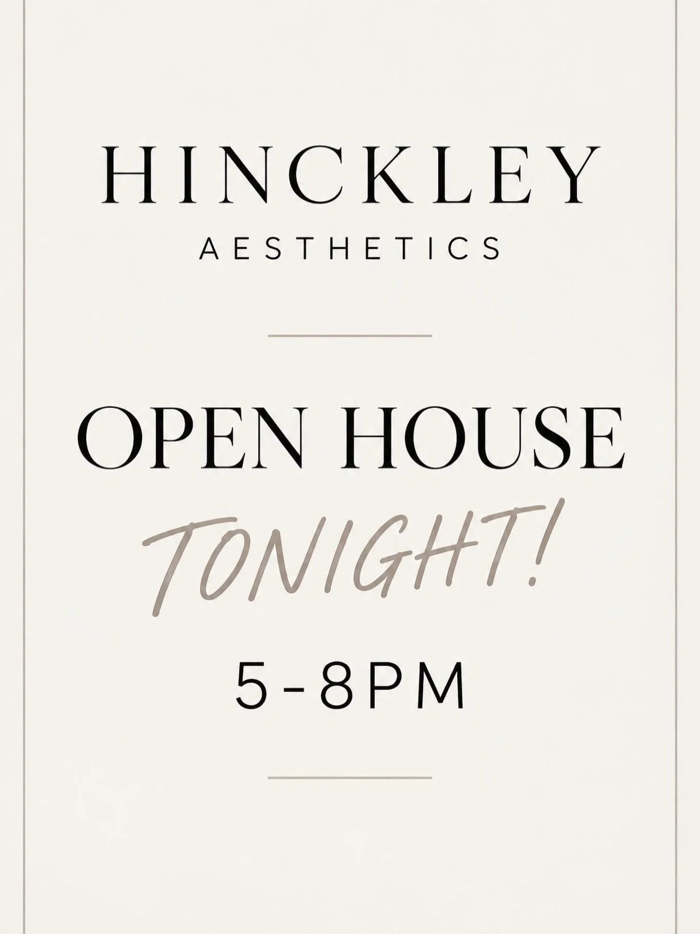 ✨ TONIGHT&rsquo;S THE NIGHT! ✨

The Hinckley Aesthetics Open House is happening tonight from 5&ndash;8 PM! 🤍

Come hang out, grab a drink + a bite, shop with some of our favorite local vendors, and enter our raffle for 3 amazing prizes!

🎟️ 40 unit