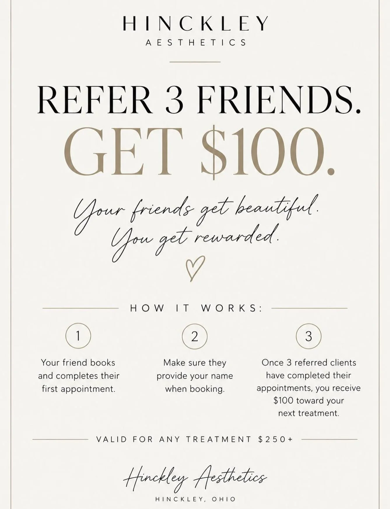 SEND THIS TO THE GROUP CHAT. 📲

Because if 3 of your friends book at Hinckley Aesthetics&hellip;

YOU GET $100. 💸

Your girls (or guys) get their treatments.
You get $100 toward yours.

Everybody wins.
That&rsquo;s girl math. 😂💉

Referral program