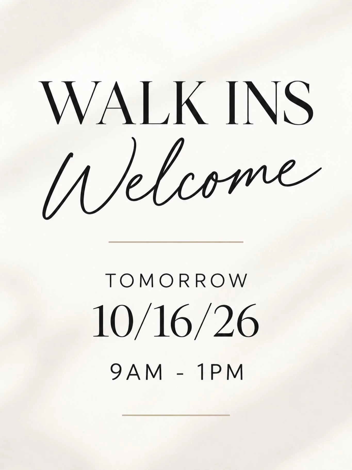 ✨ WALK-INS WELCOME TOMORROW! ✨

Have you been meaning to stop in? Now&rsquo;s your chance! 

💉 Tox
💋 Lip Filler
✨ Sculptra
🤍 SkinVive
✨ Microneedling
🤍 And more!

📍 Hinckley Aesthetics
🗓️ Tomorrow | 9 AM&ndash;1 PM

Stop by for a little refresh
