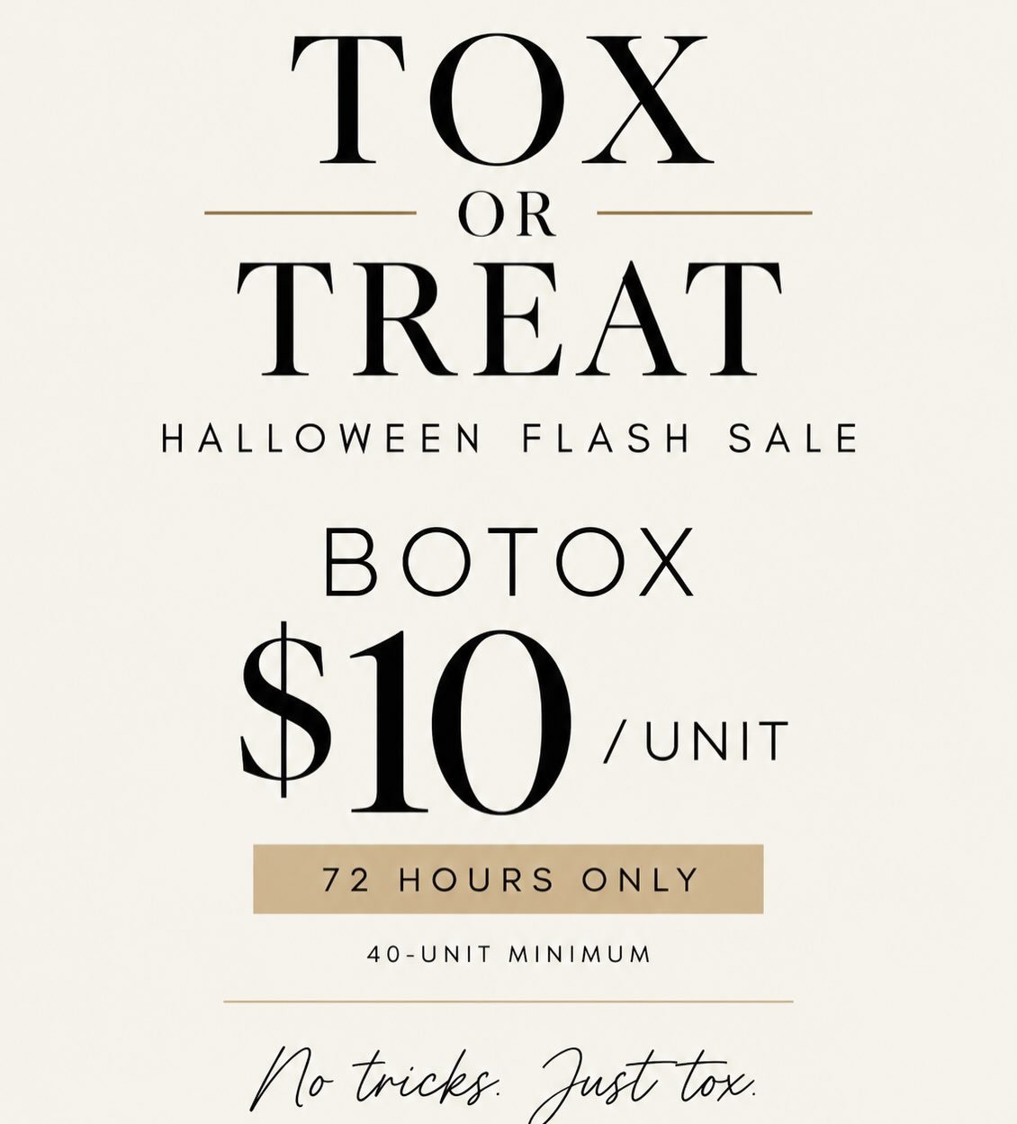 🎃👻 TRUNK OR TREAT FLASH SALE 👻🎃

In honor of Hinckley&rsquo;s Trunk or Treat this weekend, we&rsquo;re treating YOU to a little something sweet! 🍬💉

🖤 72-HOUR FLASH SALE
✨ BOTOX &mdash; $10/UNIT ✨

No tricks, just treats! 🎃🖤

⏳ For 72 hours 