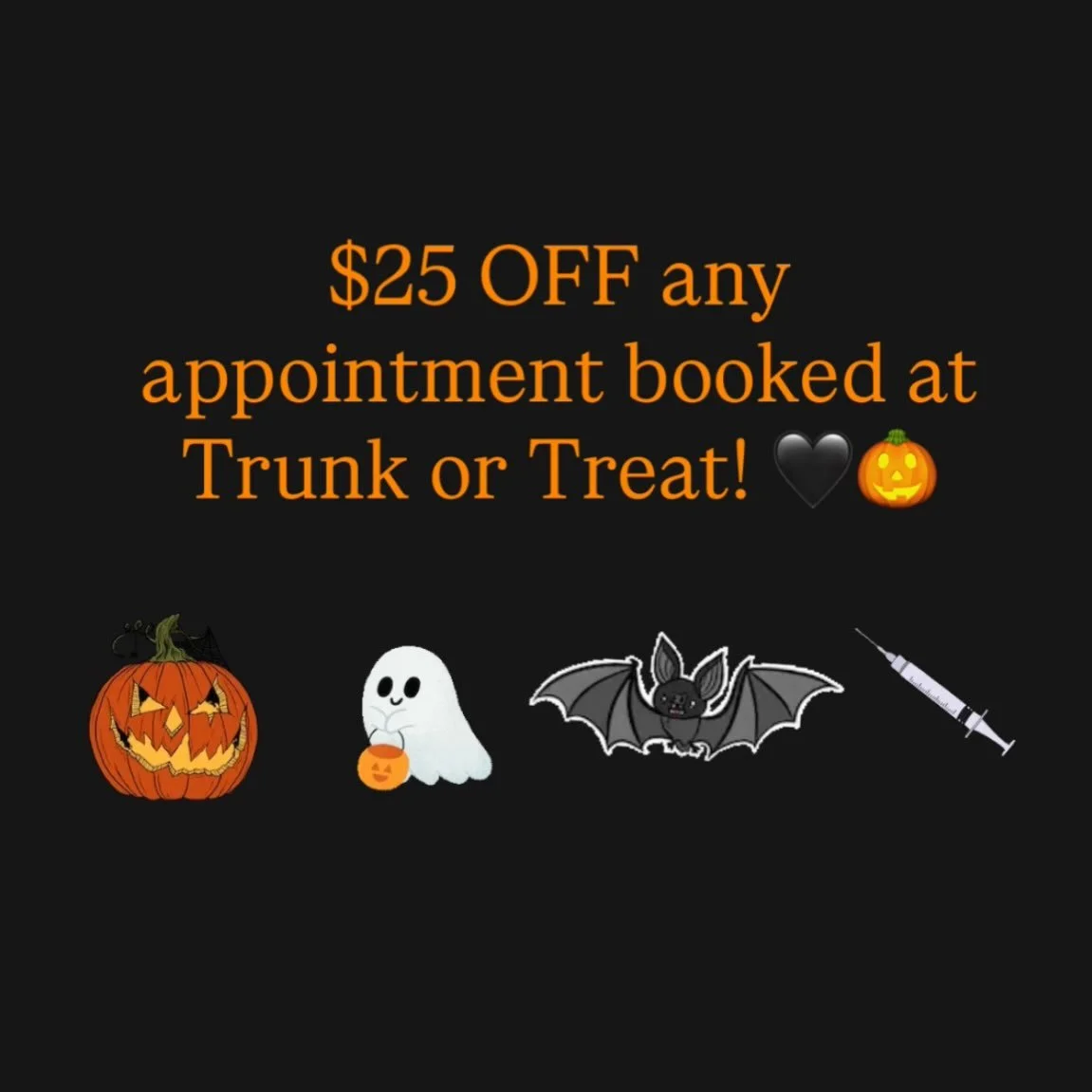 🎃👻 HALLOWEEN BOOKING SPECIAL! 🍬🖤

Candy for the kids &amp; a treat for the adults! ✨

Book your next appointment at Hinckley Aesthetics during Trunk or Treat and receive $25 OFF! 🖤

✨ $250 minimum service required to qualify for the $25 booking 