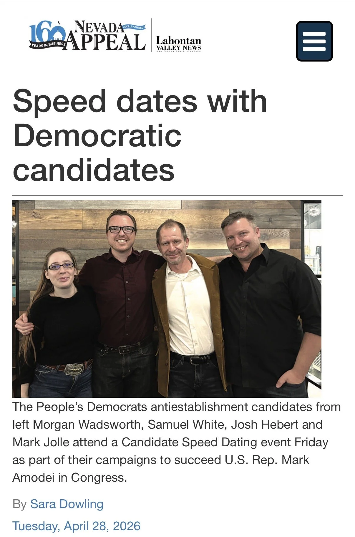 Photo of the people's democrats in Nevada. Josh Hebert and Samuel White dropped out to endorse Morgan Wadsworth, Nevada Democratic Candidate for US Congress.