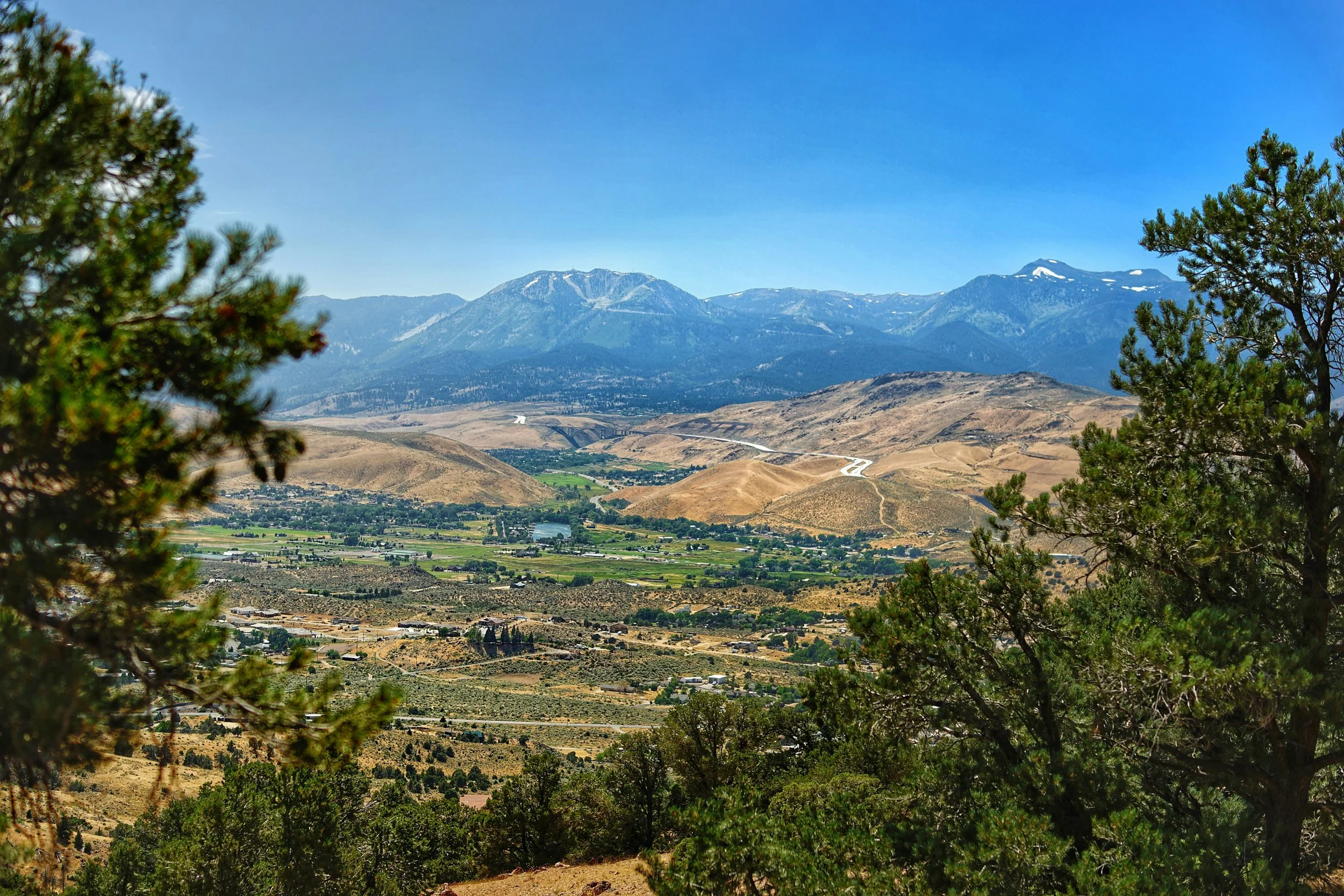 A scenic view of rolling hills and mountains above Reno with some snow-capped peaks in the background, green and brown landscape, and trees in the foreground under a clear blue sky.