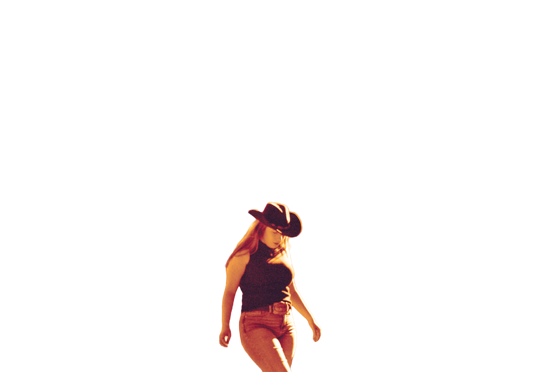 A cutout of Morgan Wadsworth, youngest congressional candidate, wearing a black cowboy hat, black sleeveless top, and jeans walking in front of a gradient background.