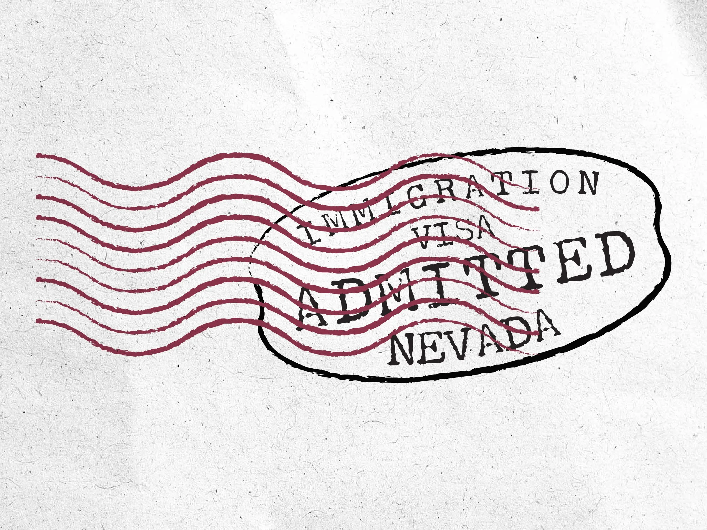 A postal stamp with wavy red lines and a black cancelation mark reading 'VISA' and 'APPROVED'.