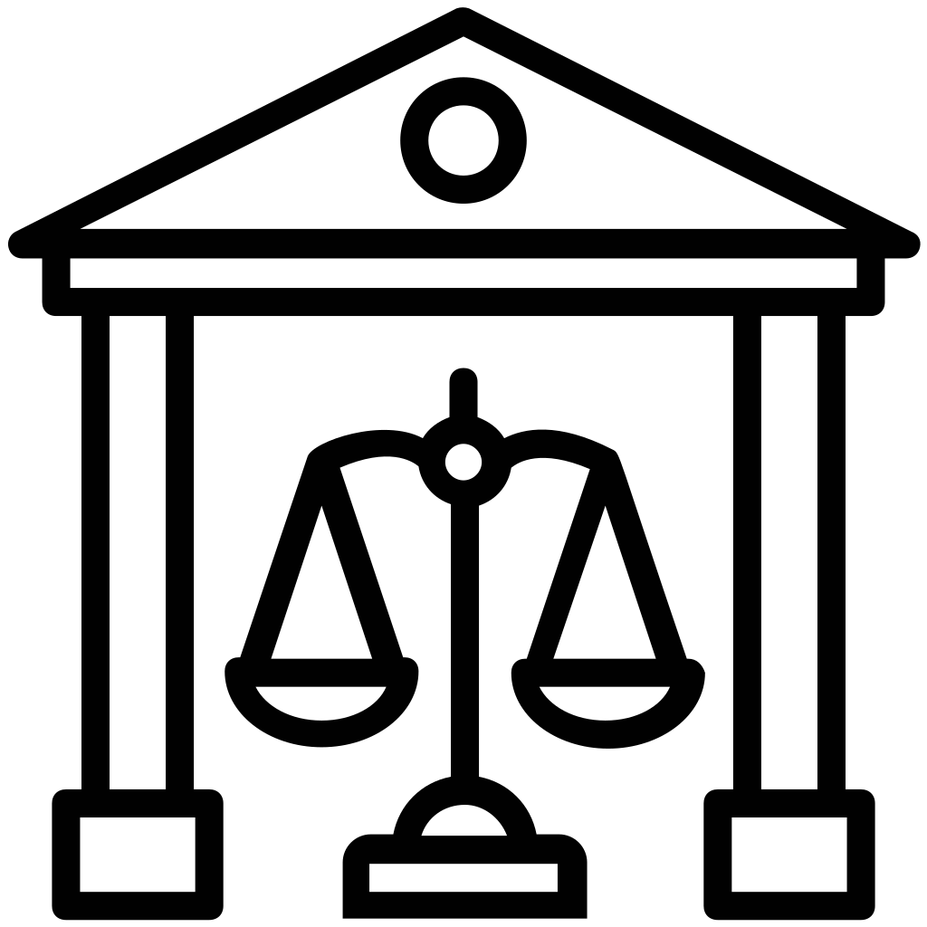 Simple black outline icon of a courthouse or justice building with a scale of justice symbol in the center