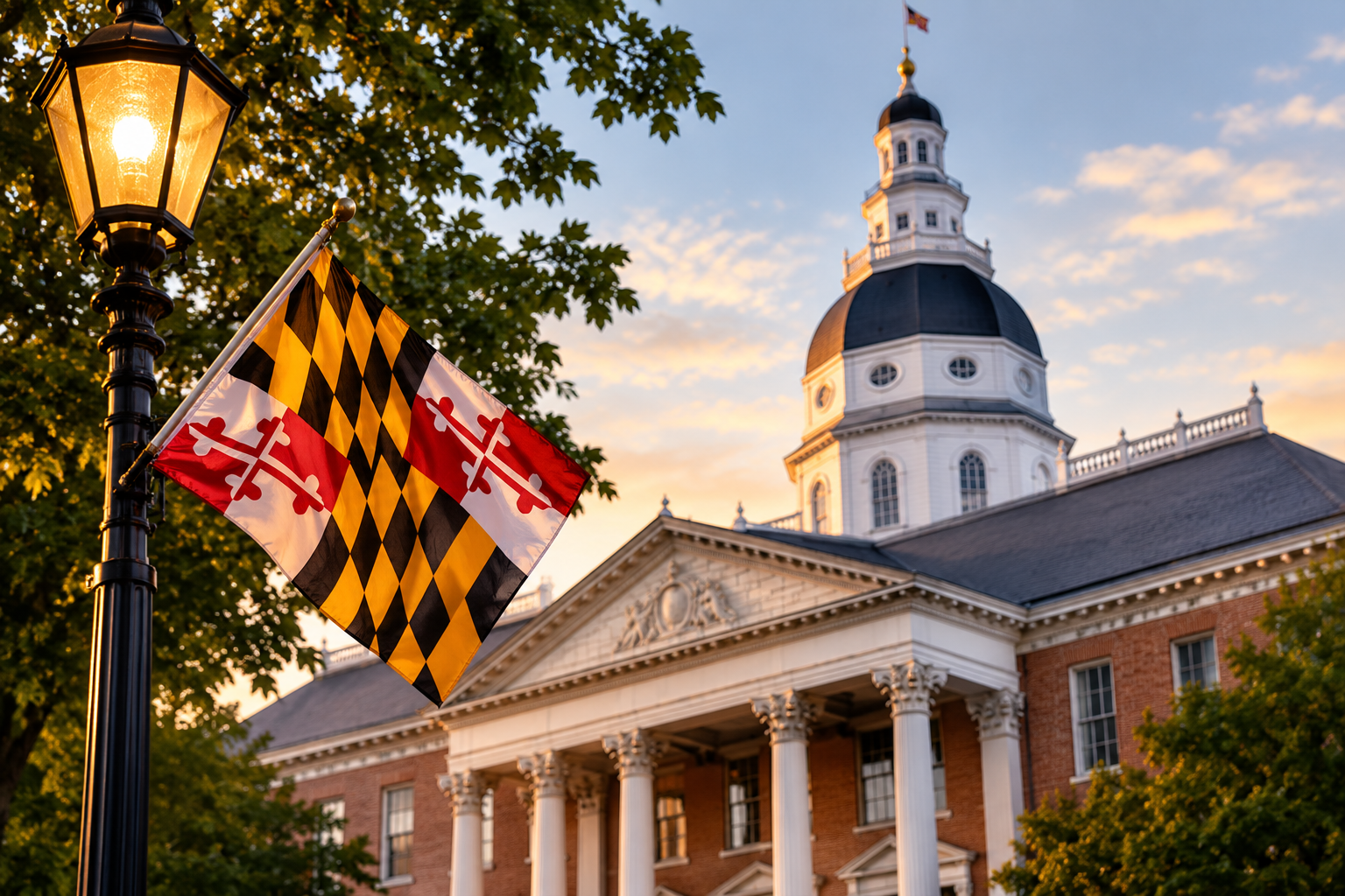 A Maryland state flag near a historic building with white columns and a dome at sunset.