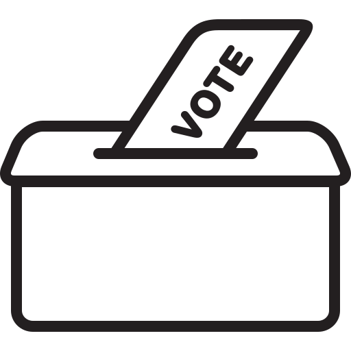 A ballot box with a piece of paper labeled 'VOTE' being inserted into it.