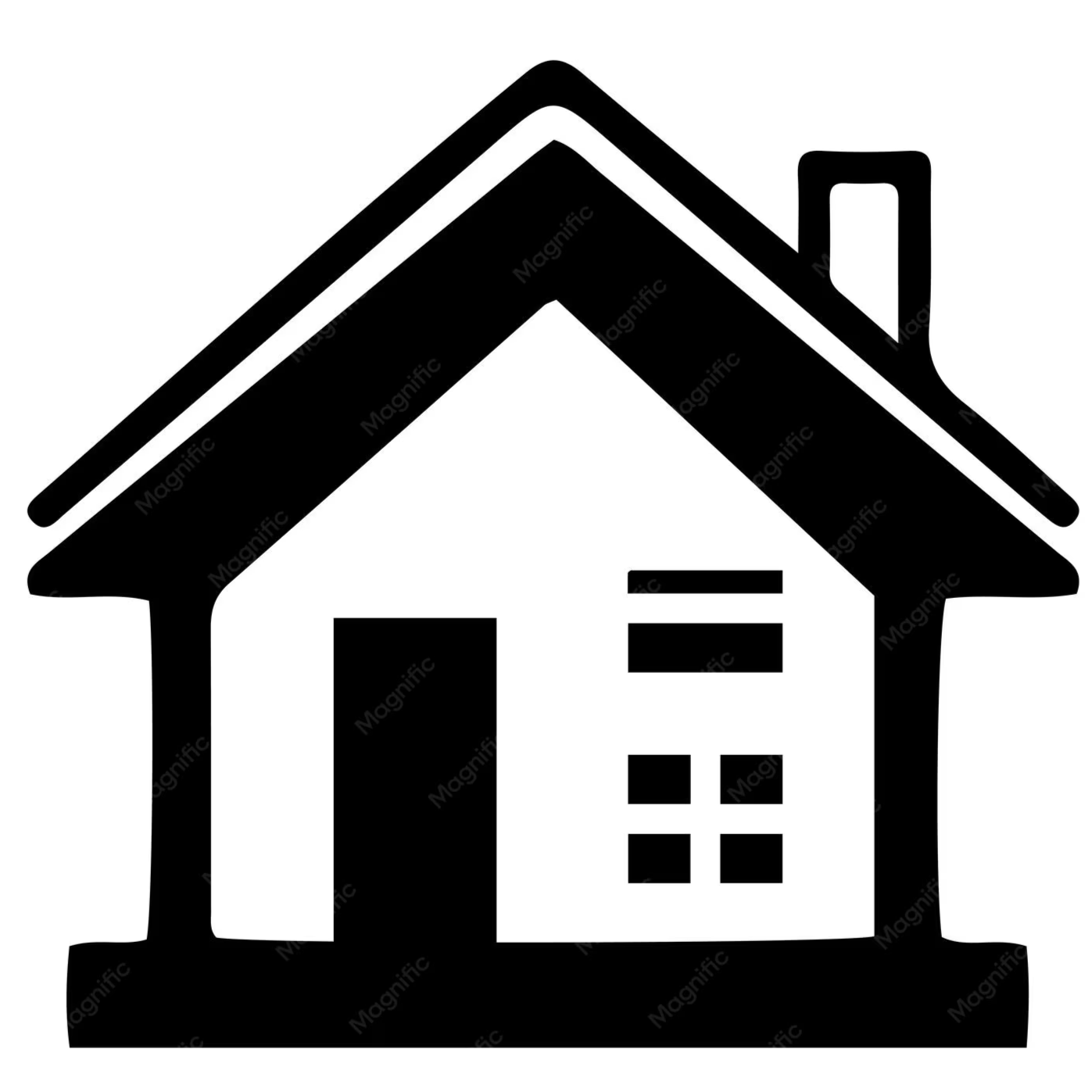Black and white icon of a house with a chimney, door, and window