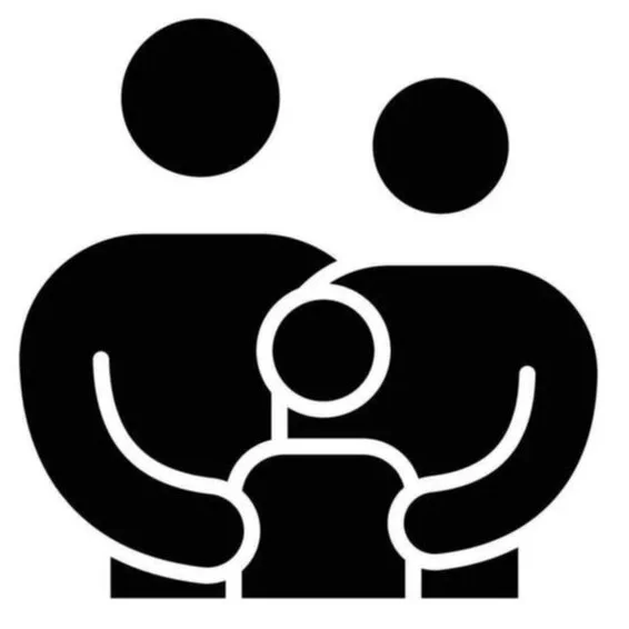 Simplified black and white icon of two adults holding a child between them.