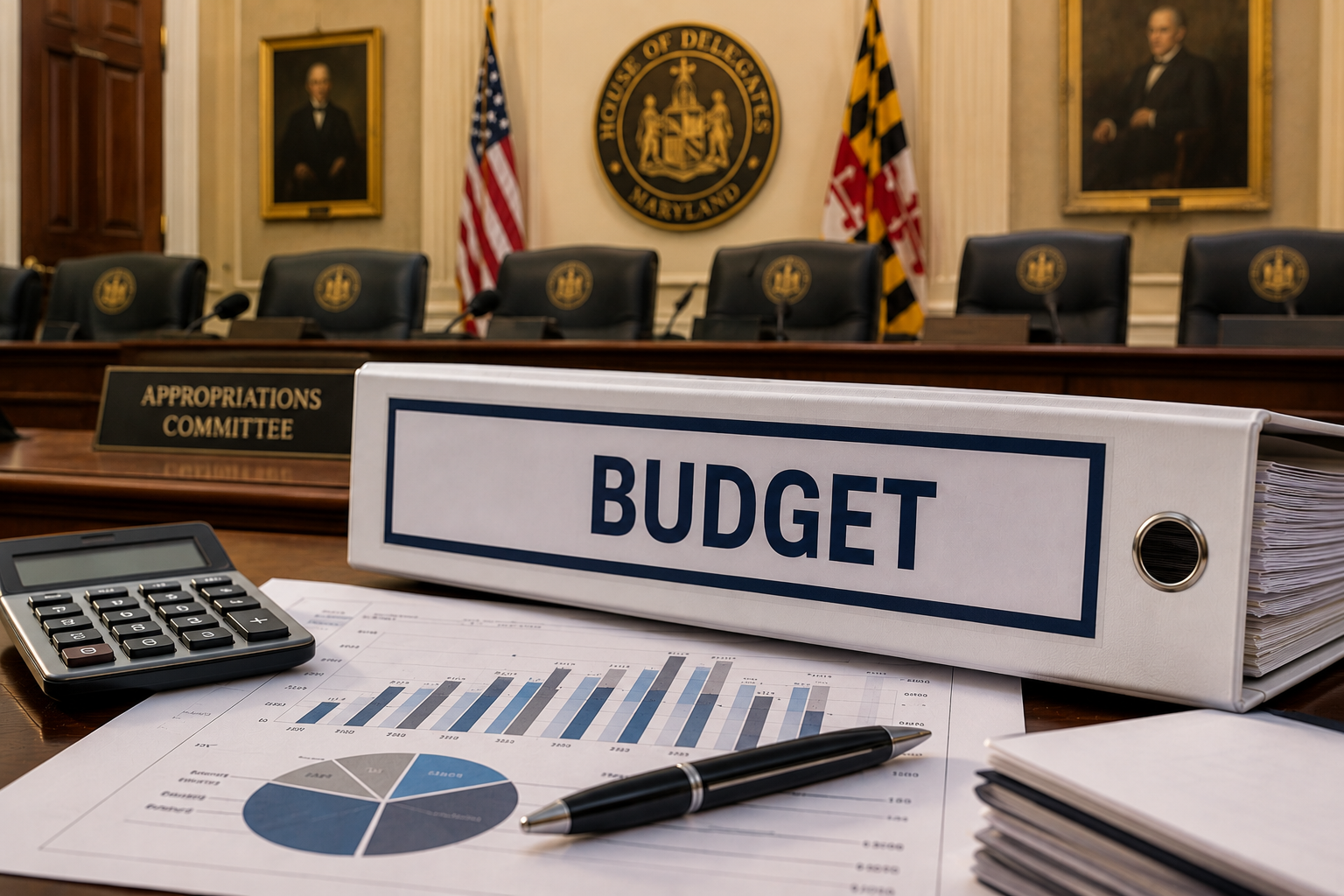 A conference room with a large binder labeled 'BUDGET', financial charts and a pen on a table, American flags, a presidential seal, and portraits in the background.