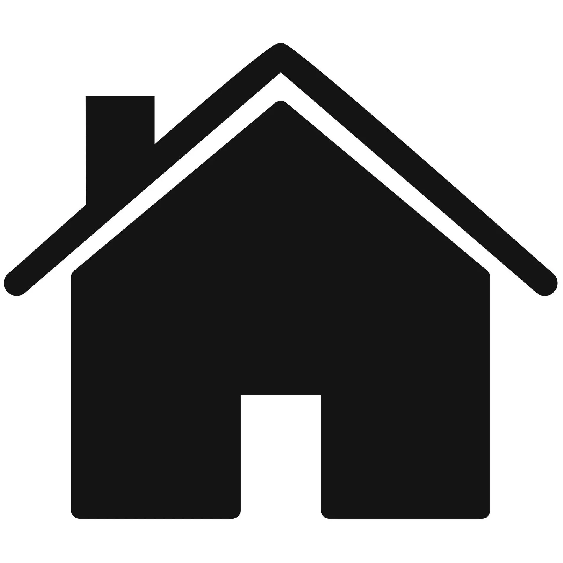 A silhouette of a house with a chimney, pitched roof, and several windows.