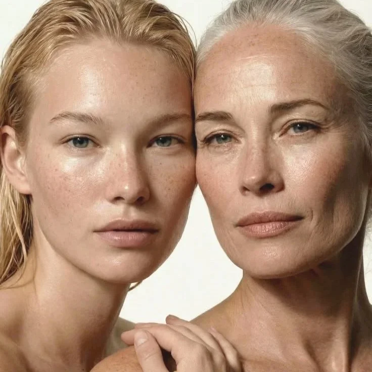 Close-up portrait of two women, one young with red hair and freckles, and one older with gray hair, both looking directly at the camera with neutral expressions.