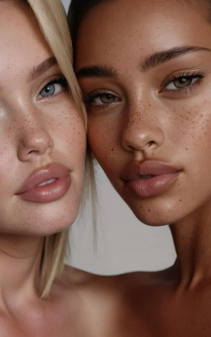 Close-up of two women with light skin and freckles, looking directly at the camera.