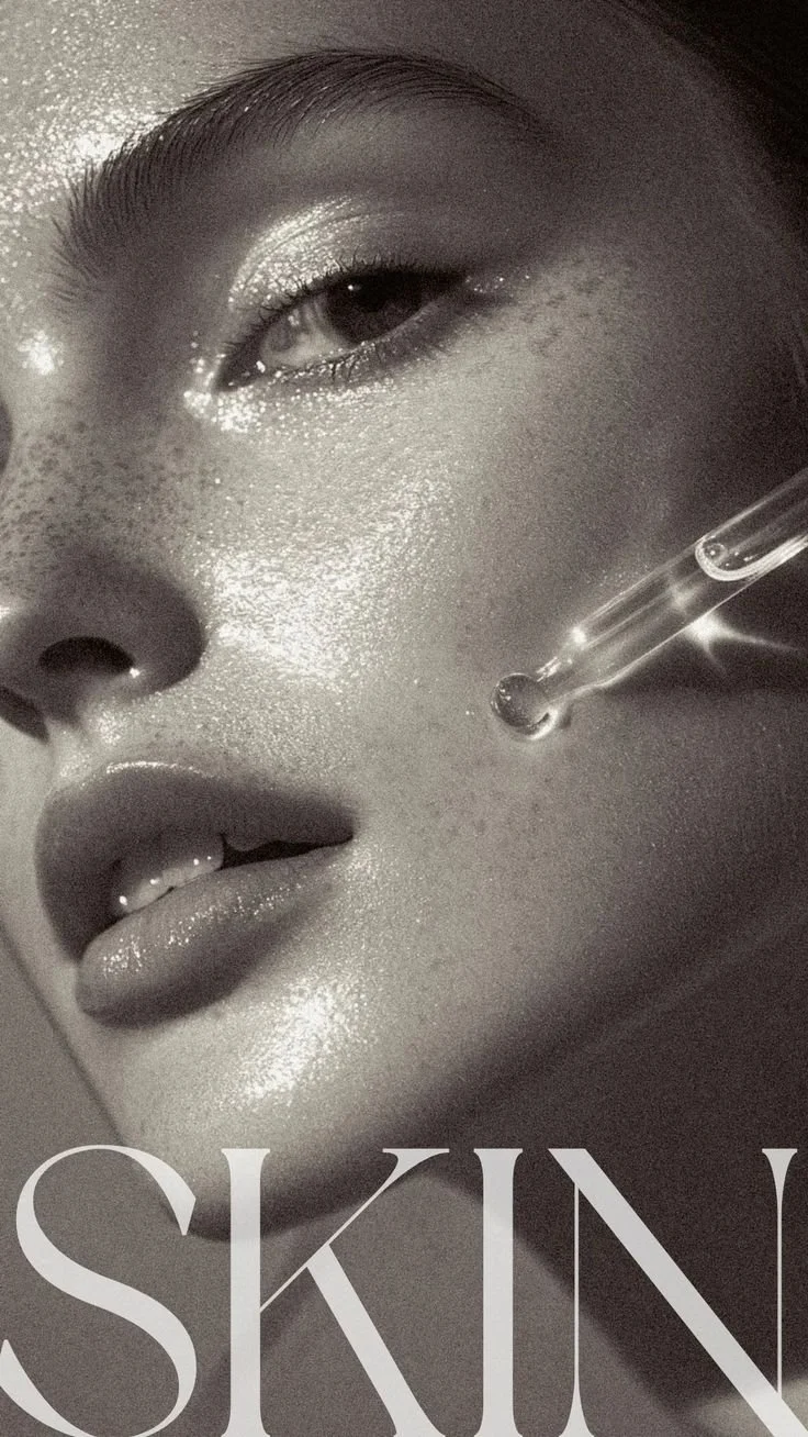 Close-up of a woman applying skincare serum to her face with a dropper, emphasizing her smooth, glowing skin.