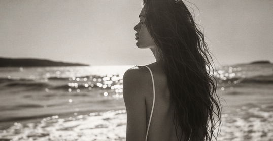 A woman with long hair stands on the beach facing the ocean in black and white.