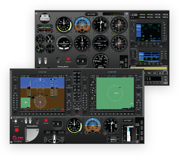 A Gleim aircraft simulator cockpit instrument panel with various gauges, screens, and controls, including altimeter, airspeed indicator, heading indicator, and navigation displays.