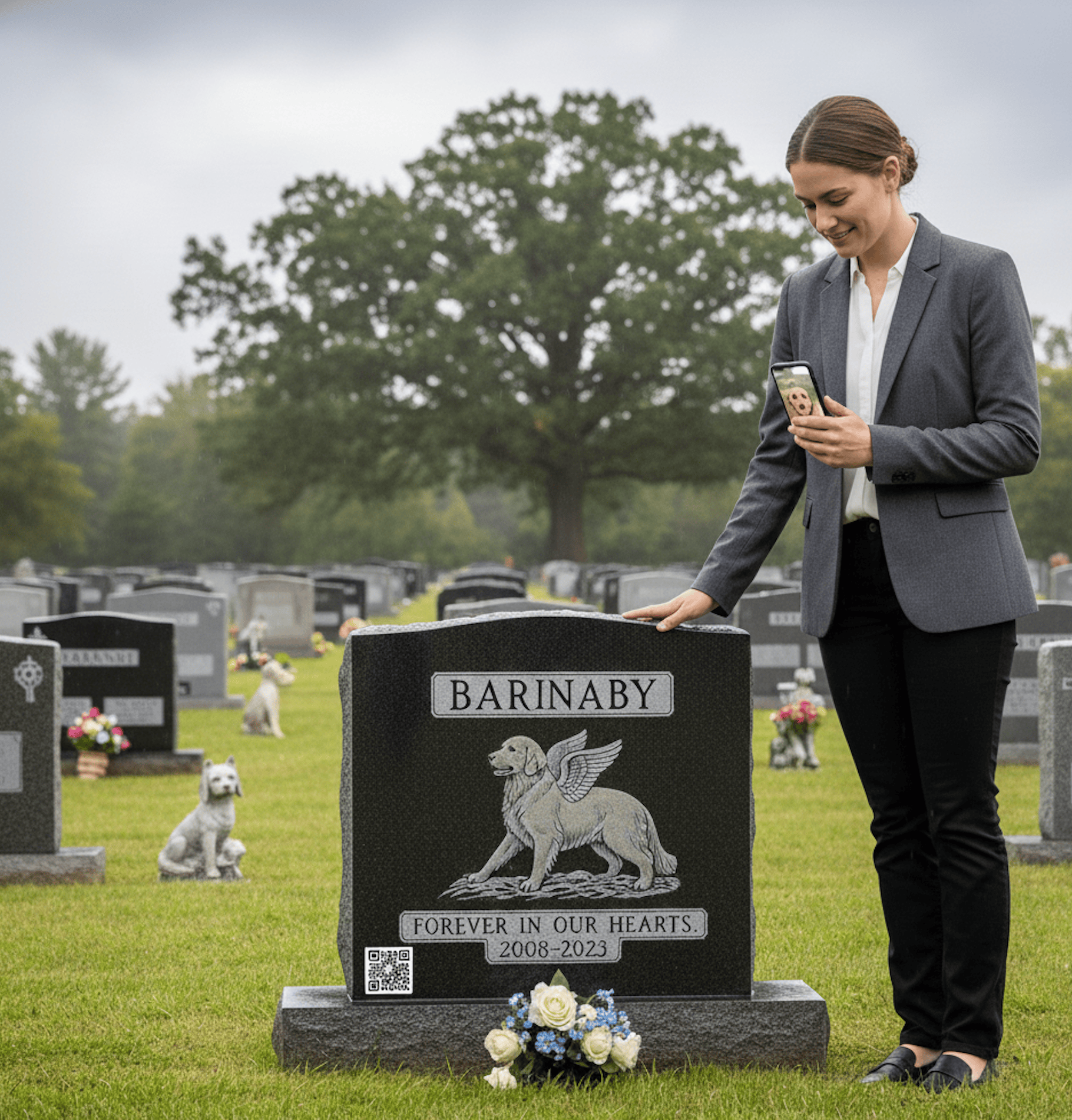 A woman scanning a LifeScanQR code on a black granite pet headstone to view a digital memorial for a dog in a pet cemetery