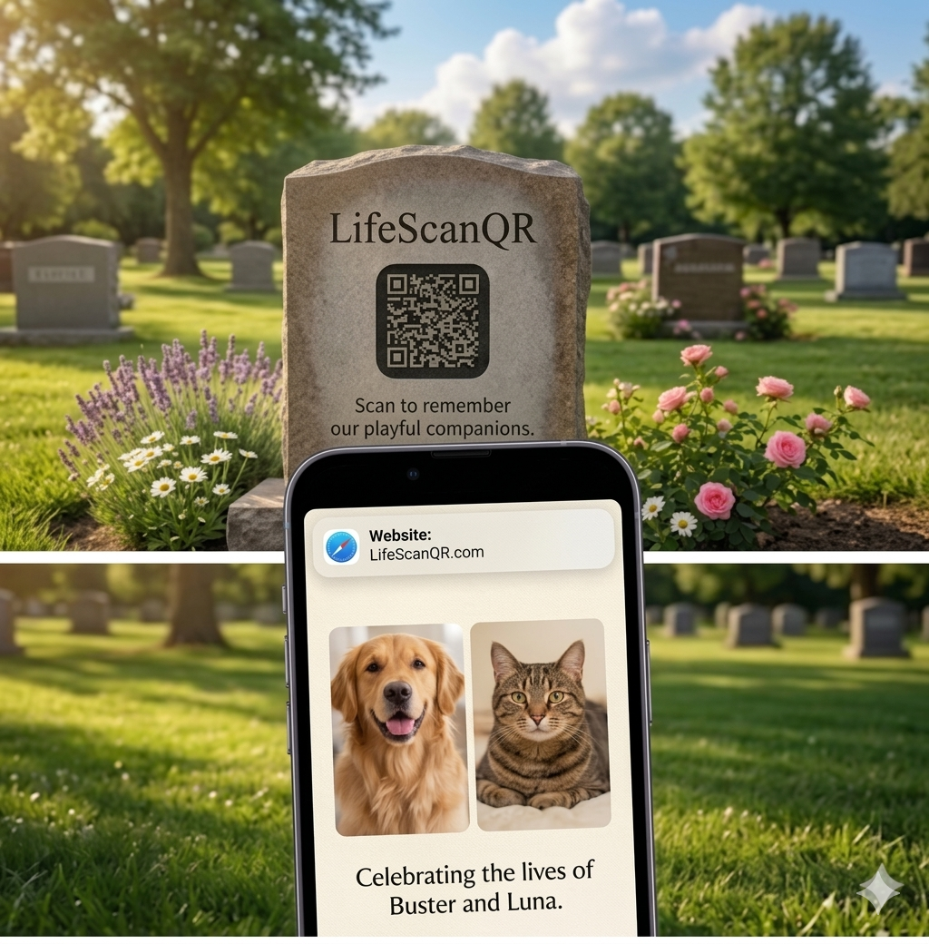 QR code pet memorial plaque honoring a beloved dog and cat with a digital memorial page of photos and memories