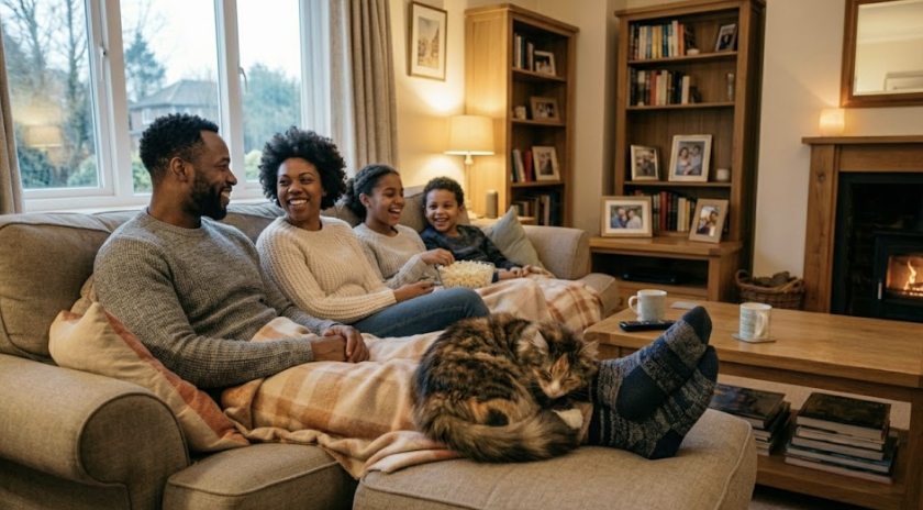 picture of a family sitting on the couch with their cat curled next to them