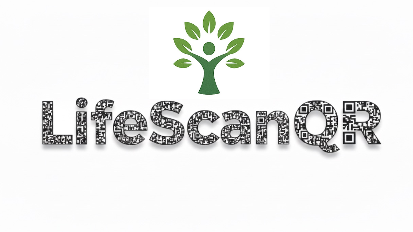 A logo for LifeScanner featuring a stylized green tree with leaves and a human figure as the trunk above the text 'LifeScanner' with QR code textures inside the letters.