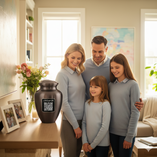 A family standing by a cremation urn featuring a LifeScanQR code medallion for an interactive digital legacy and memorial tribute