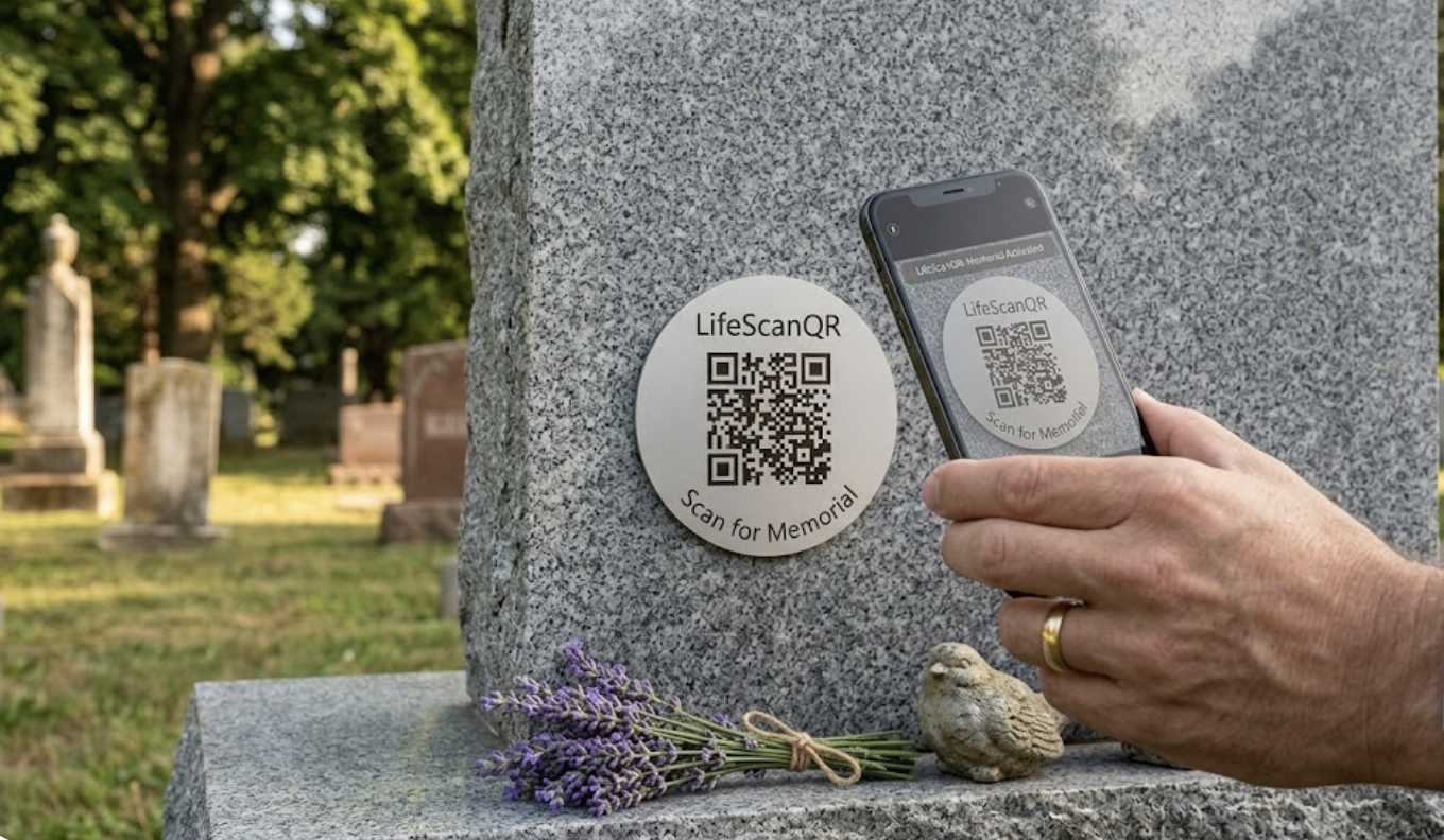A close-up of a person scanning a round, silver LifeScanQR digital memorial plaque affixed to a granite tombstone, with a small bouquet of purple lavender flowers resting on the base.