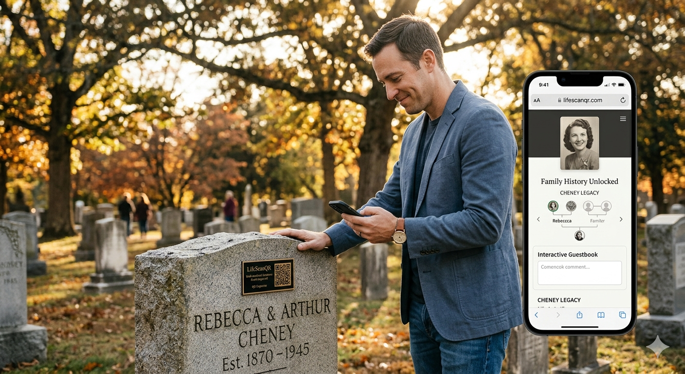 A man using his smartphone to scan a LifeScanQR digital memorial plaque on a historical tombstone, displaying a family history tree and vintage ancestor photo on the phone screen