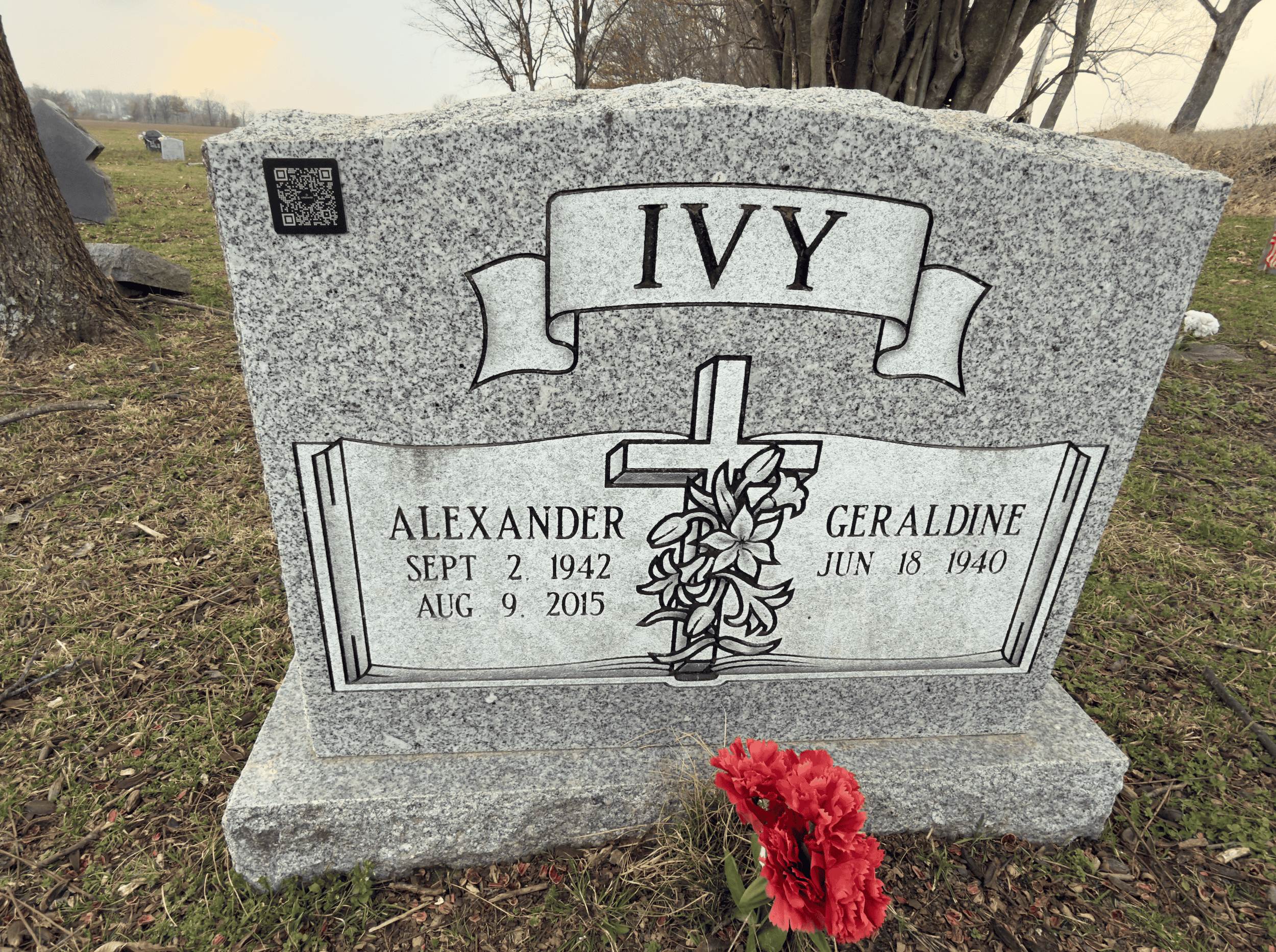 QR code memorial plaque on a tombstone linking to a digital memorial page with photos, videos, and life stories in Memphis Tennessee